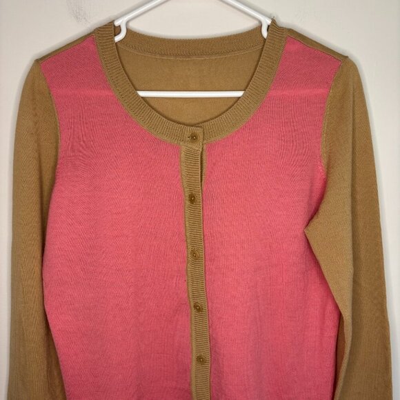 TALBOTS 100% Merino Wool Color Block Cardigan Womens M Pink Tan - Picture 3 of 5